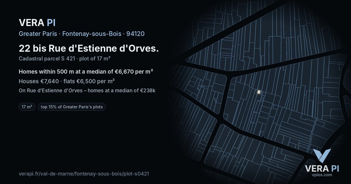 22 bis Rue d'Estienne d'Orves, Fontenay-sous-Bois at night – the plot lit, the parcels around coloured by the prices near them