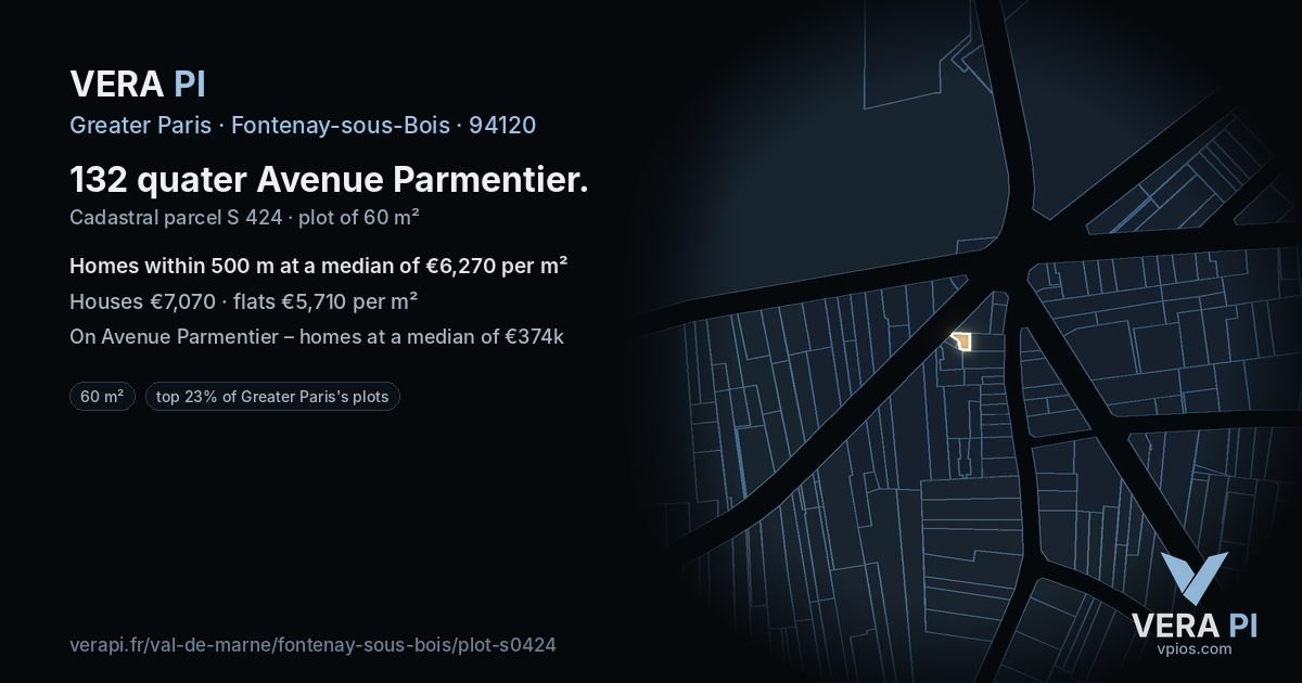 132 quater Avenue Parmentier, Fontenay-sous-Bois at night – the plot lit, the parcels around coloured by the prices near them