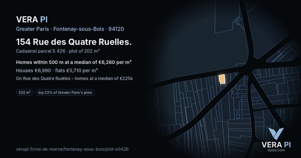154 Rue des Quatre Ruelles, Fontenay-sous-Bois at night – the plot lit, the parcels around coloured by the prices near them