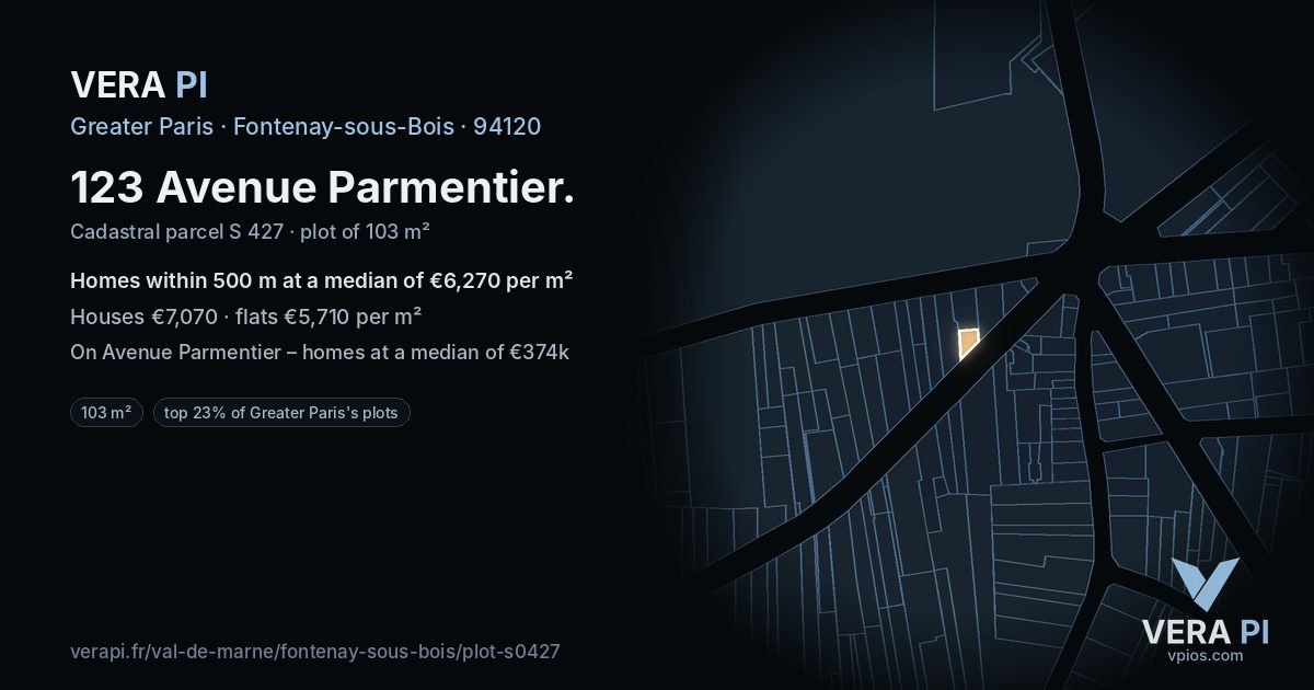 123 Avenue Parmentier, Fontenay-sous-Bois at night – the plot lit, the parcels around coloured by the prices near them