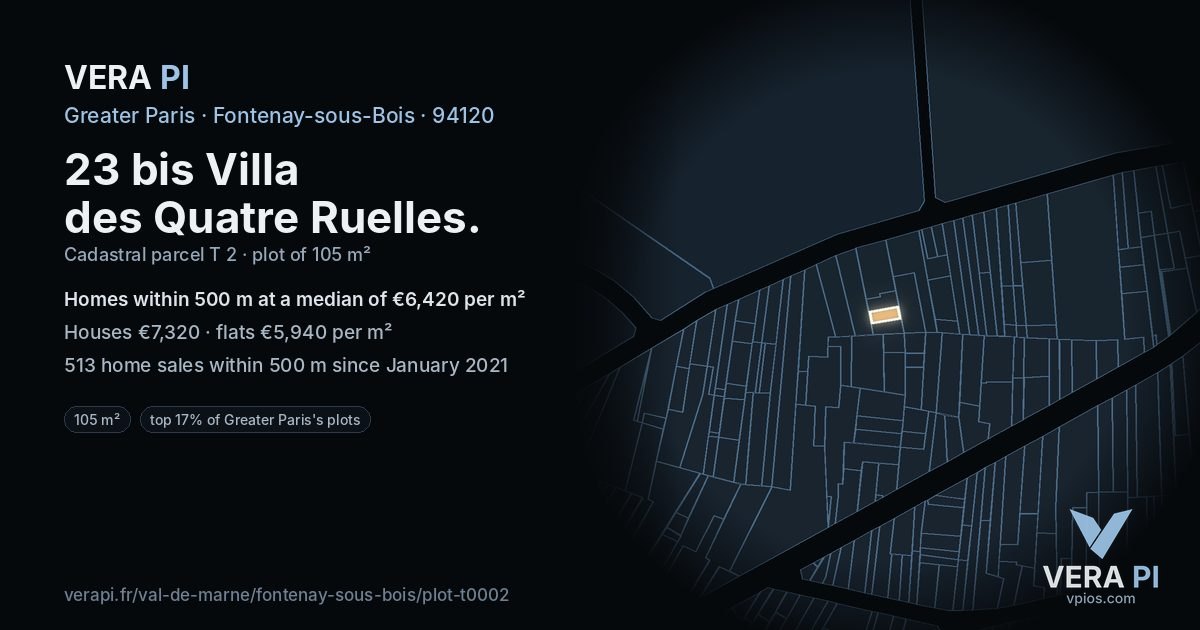 23 bis Villa des Quatre Ruelles, Fontenay-sous-Bois at night – the plot lit, the parcels around coloured by the prices near them