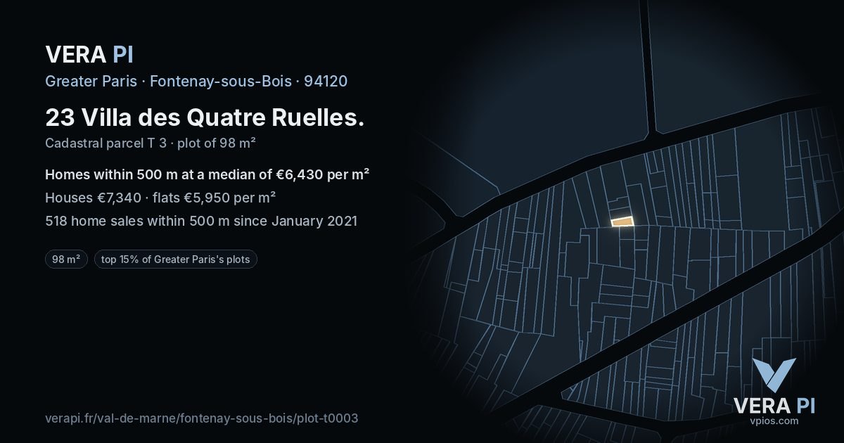 23 Villa des Quatre Ruelles, Fontenay-sous-Bois at night – the plot lit, the parcels around coloured by the prices near them