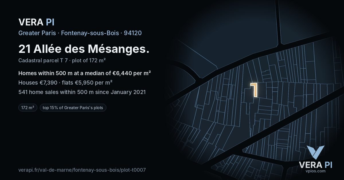 21 Allée des Mésanges, Fontenay-sous-Bois at night – the plot lit, the parcels around coloured by the prices near them