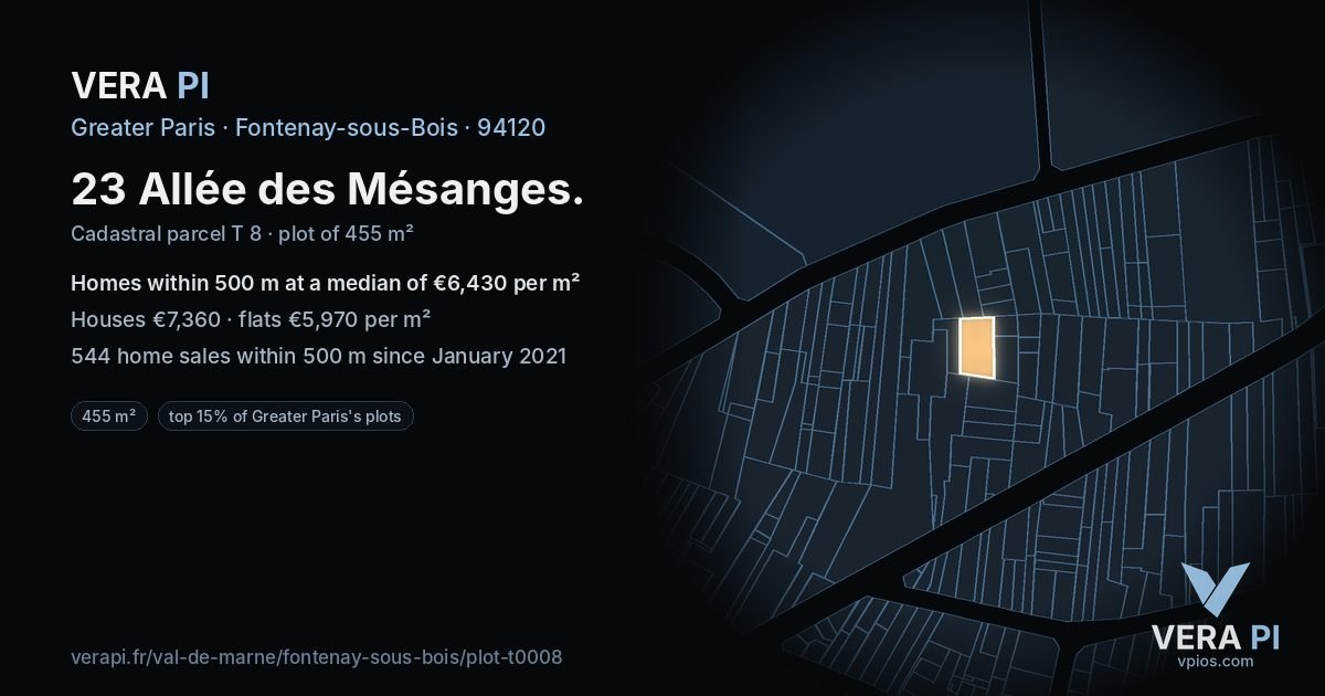 23 Allée des Mésanges, Fontenay-sous-Bois at night – the plot lit, the parcels around coloured by the prices near them