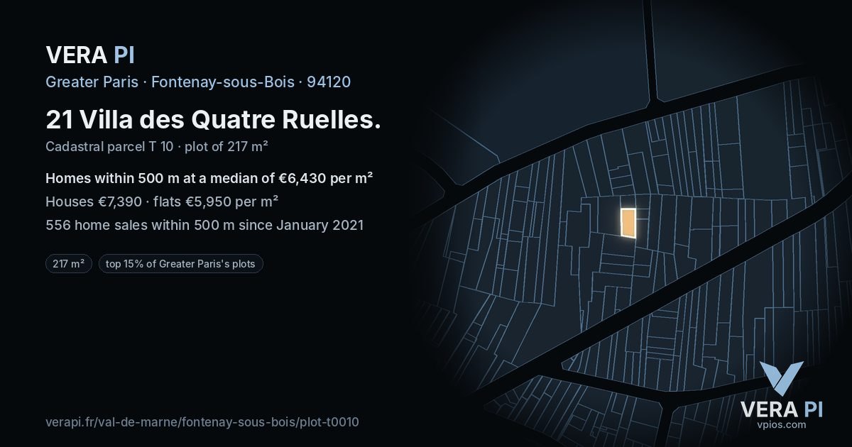 21 Villa des Quatre Ruelles, Fontenay-sous-Bois at night – the plot lit, the parcels around coloured by the prices near them