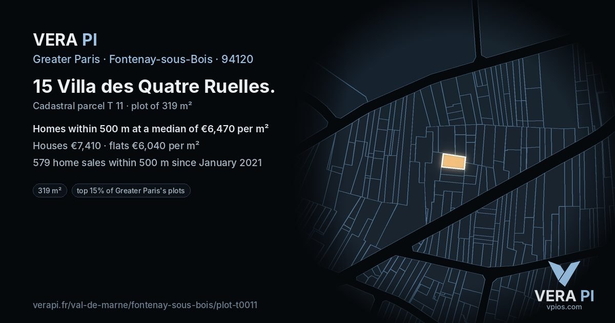 15 Villa des Quatre Ruelles, Fontenay-sous-Bois at night – the plot lit, the parcels around coloured by the prices near them