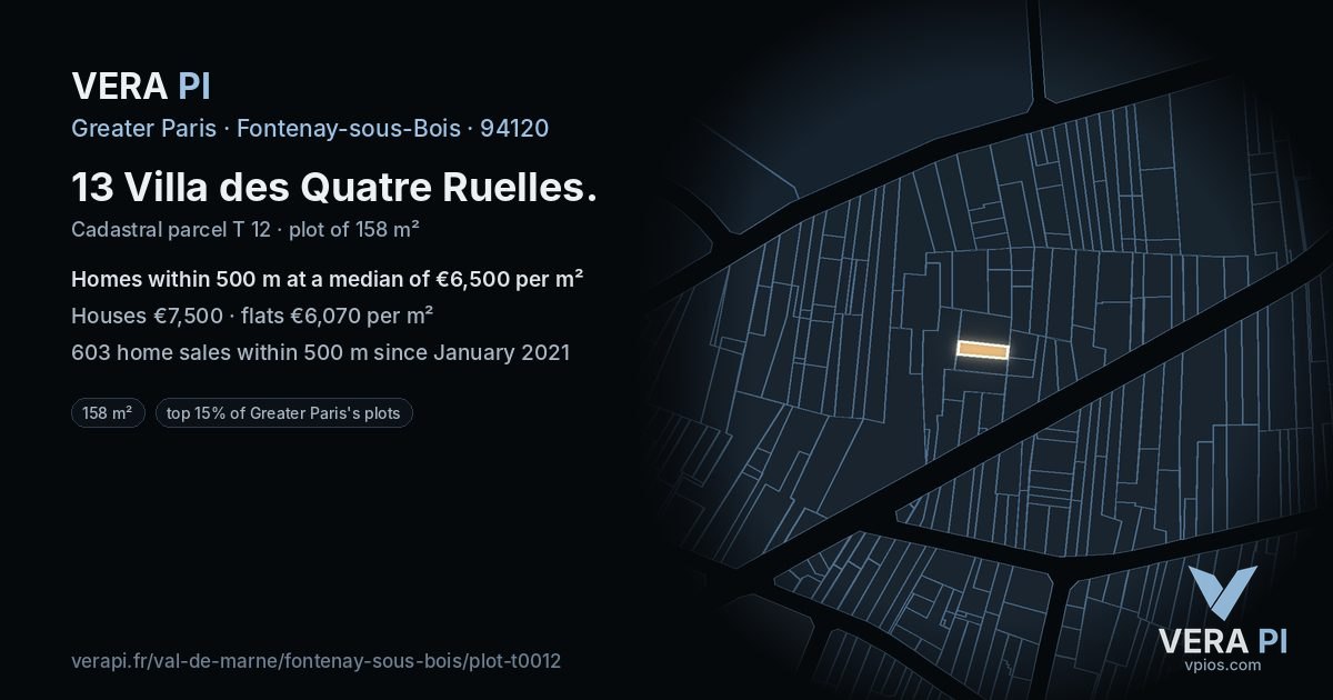 13 Villa des Quatre Ruelles, Fontenay-sous-Bois at night – the plot lit, the parcels around coloured by the prices near them
