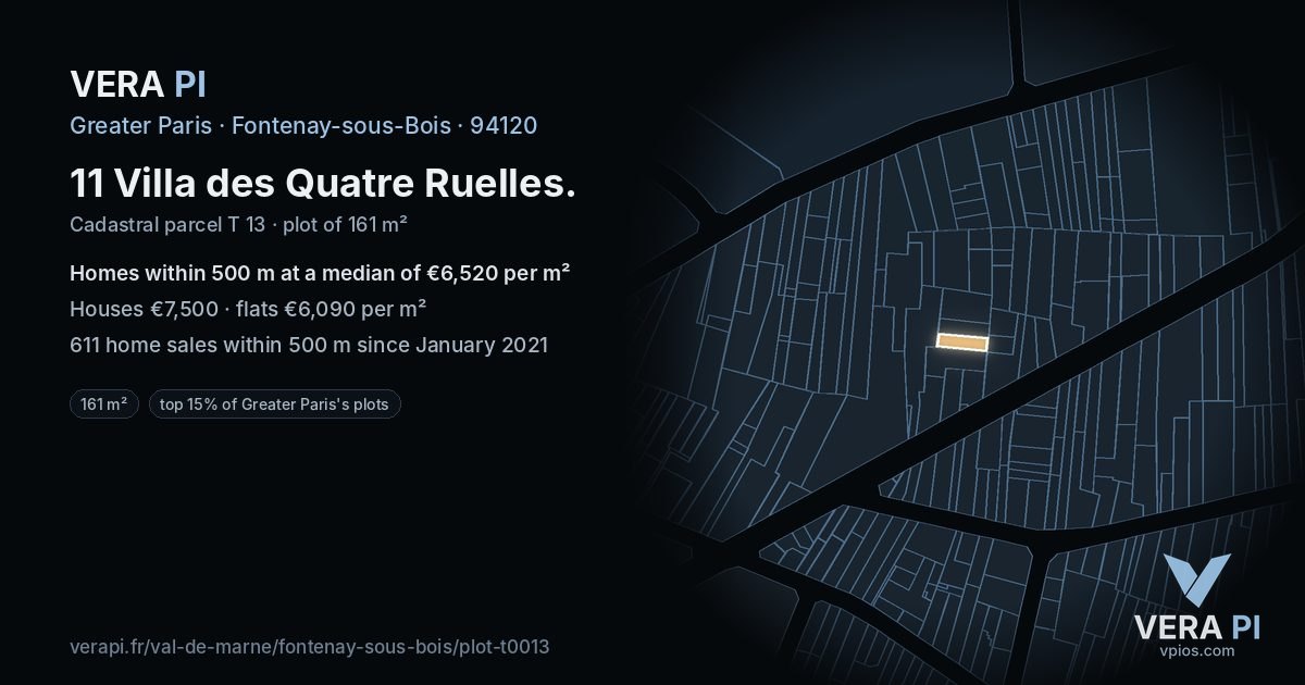 11 Villa des Quatre Ruelles, Fontenay-sous-Bois at night – the plot lit, the parcels around coloured by the prices near them
