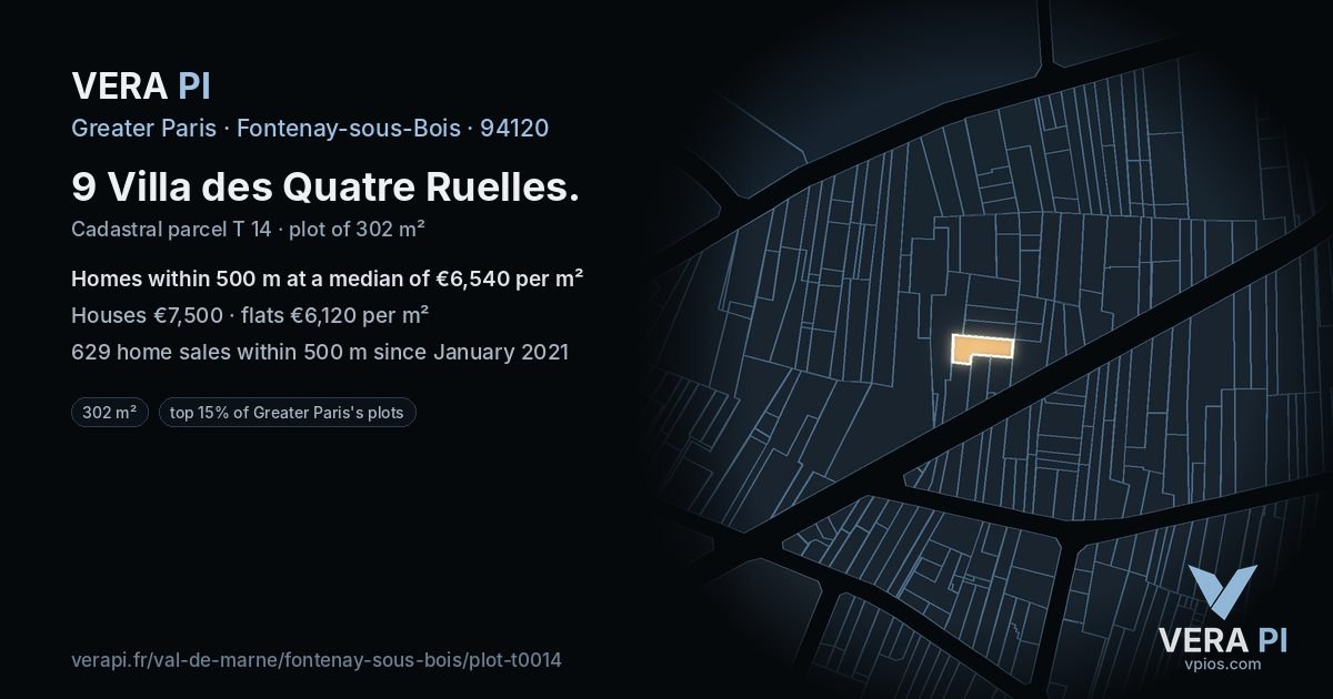 9 Villa des Quatre Ruelles, Fontenay-sous-Bois at night – the plot lit, the parcels around coloured by the prices near them