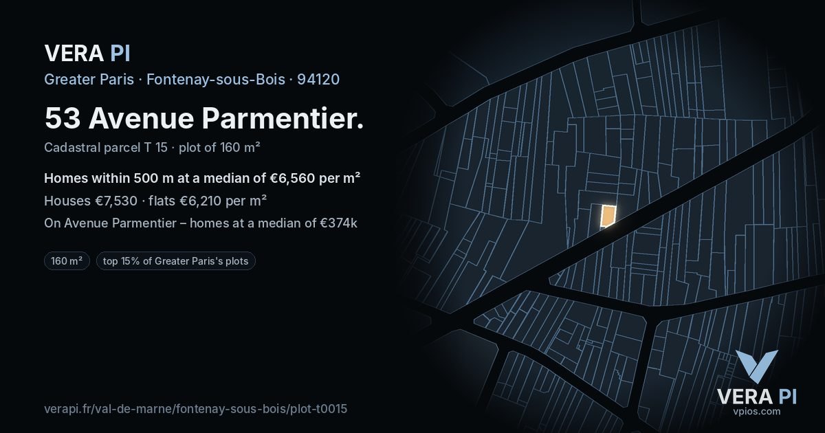 53 Avenue Parmentier, Fontenay-sous-Bois at night – the plot lit, the parcels around coloured by the prices near them
