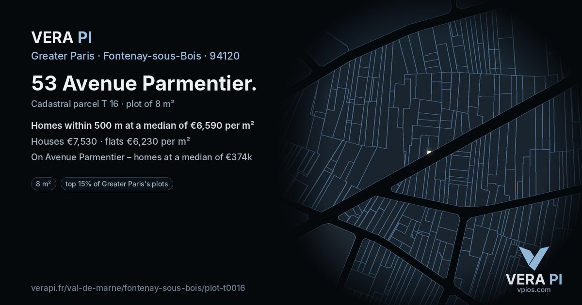 53 Avenue Parmentier, Fontenay-sous-Bois at night – the plot lit, the parcels around coloured by the prices near them