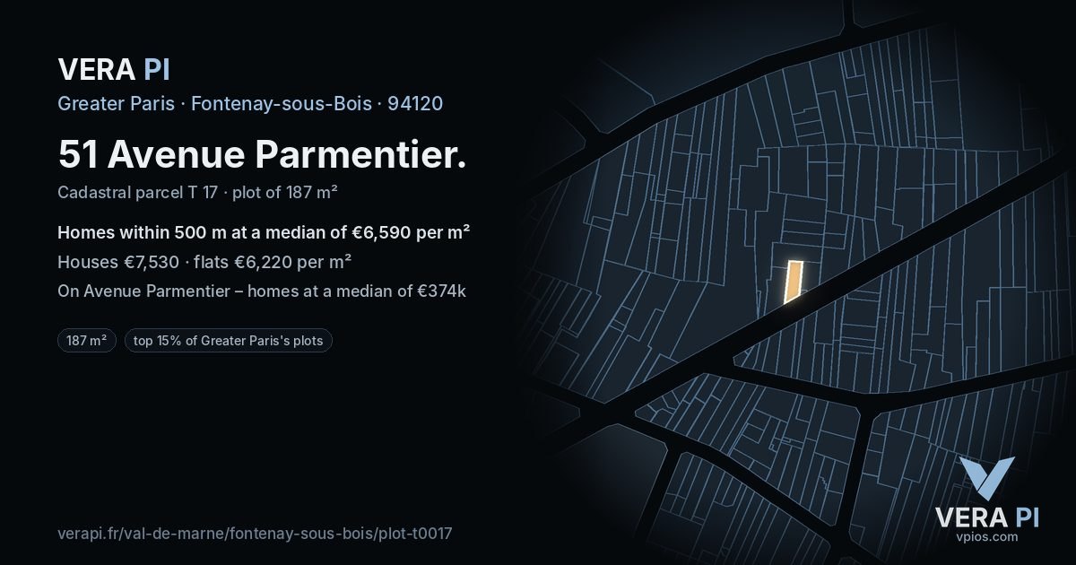 51 Avenue Parmentier, Fontenay-sous-Bois at night – the plot lit, the parcels around coloured by the prices near them