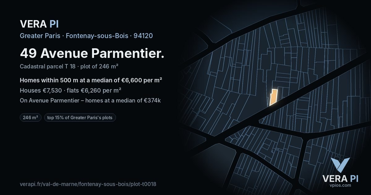 49 Avenue Parmentier, Fontenay-sous-Bois at night – the plot lit, the parcels around coloured by the prices near them