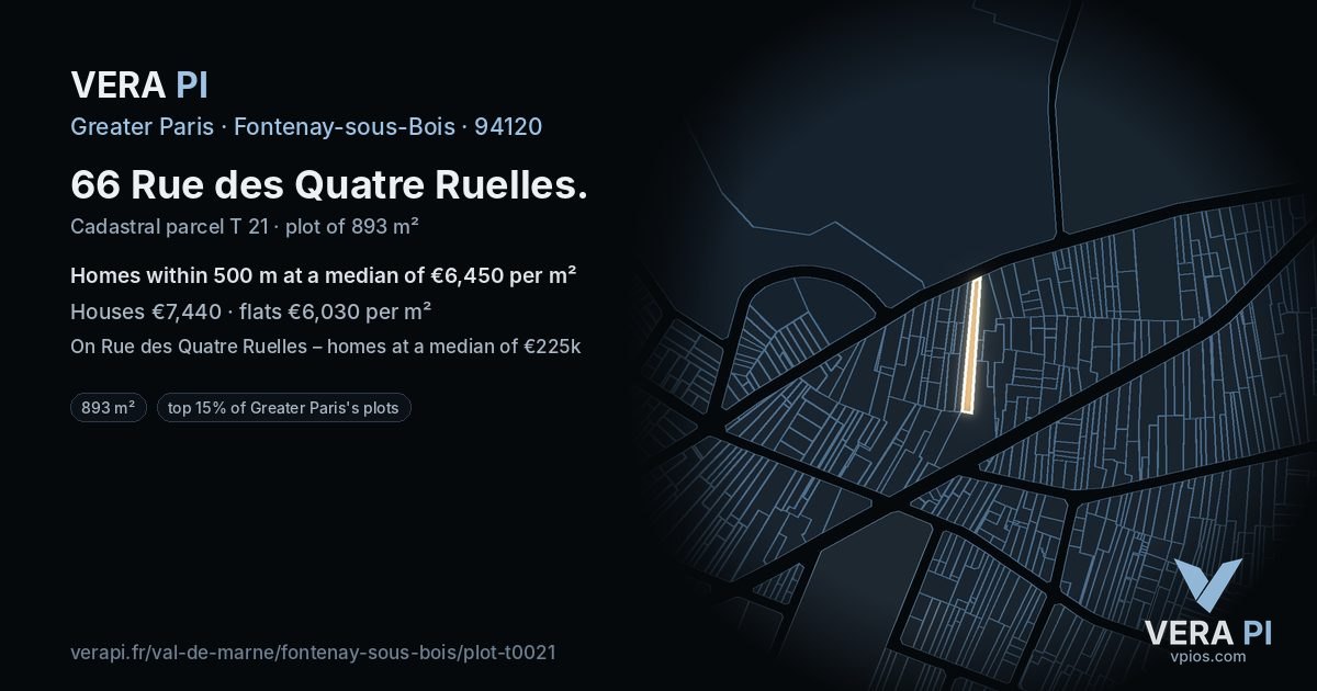 66 Rue des Quatre Ruelles, Fontenay-sous-Bois at night – the plot lit, the parcels around coloured by the prices near them