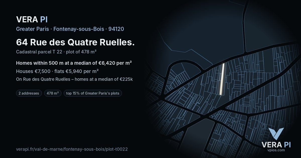 64 Rue des Quatre Ruelles, Fontenay-sous-Bois at night – the plot lit, the parcels around coloured by the prices near them