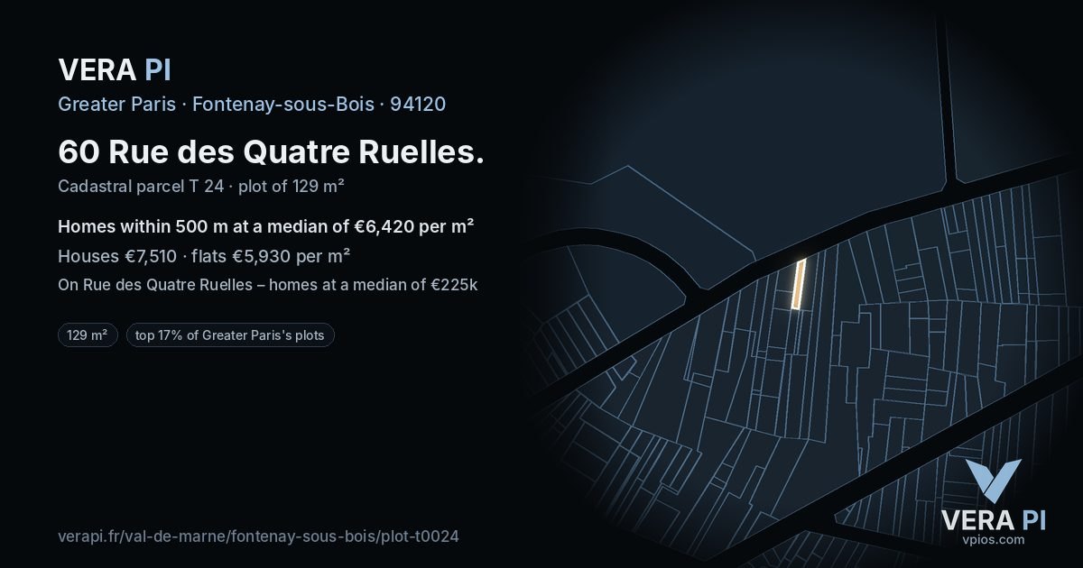 60 Rue des Quatre Ruelles, Fontenay-sous-Bois at night – the plot lit, the parcels around coloured by the prices near them