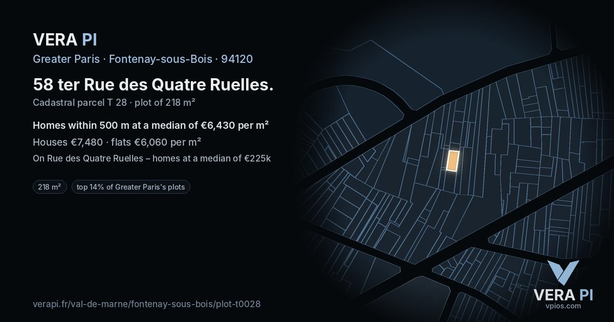 58 ter Rue des Quatre Ruelles, Fontenay-sous-Bois at night – the plot lit, the parcels around coloured by the prices near them