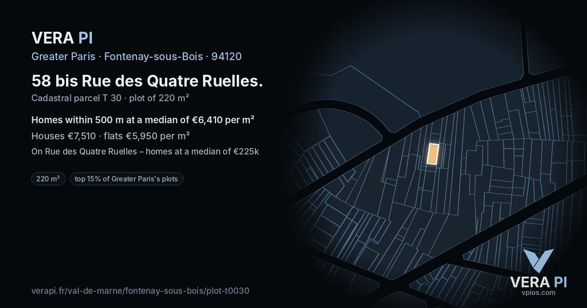 58 bis Rue des Quatre Ruelles, Fontenay-sous-Bois at night – the plot lit, the parcels around coloured by the prices near them