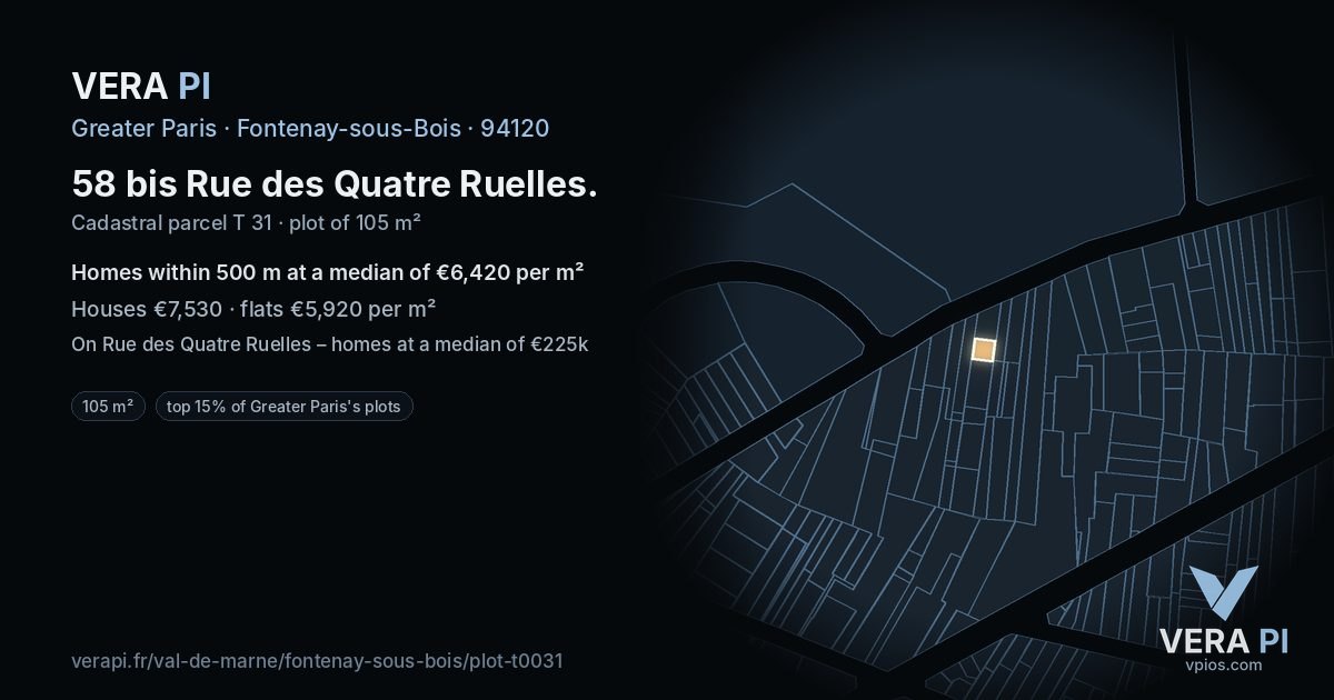 58 bis Rue des Quatre Ruelles, Fontenay-sous-Bois at night – the plot lit, the parcels around coloured by the prices near them