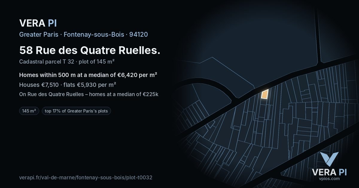 58 Rue des Quatre Ruelles, Fontenay-sous-Bois at night – the plot lit, the parcels around coloured by the prices near them