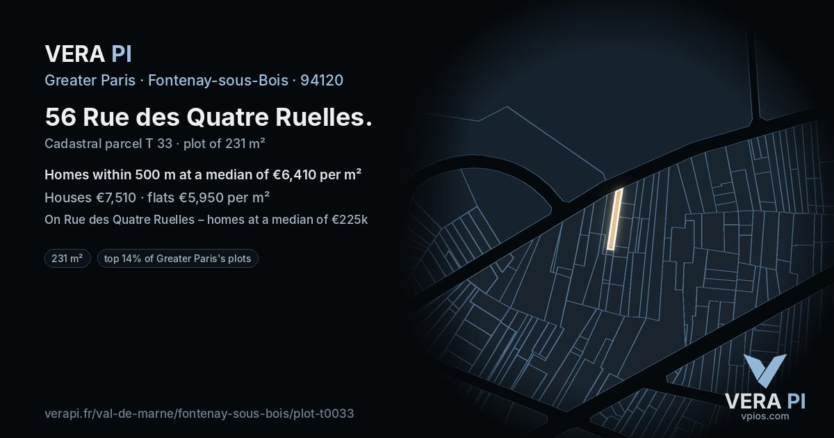 56 Rue des Quatre Ruelles, Fontenay-sous-Bois at night – the plot lit, the parcels around coloured by the prices near them
