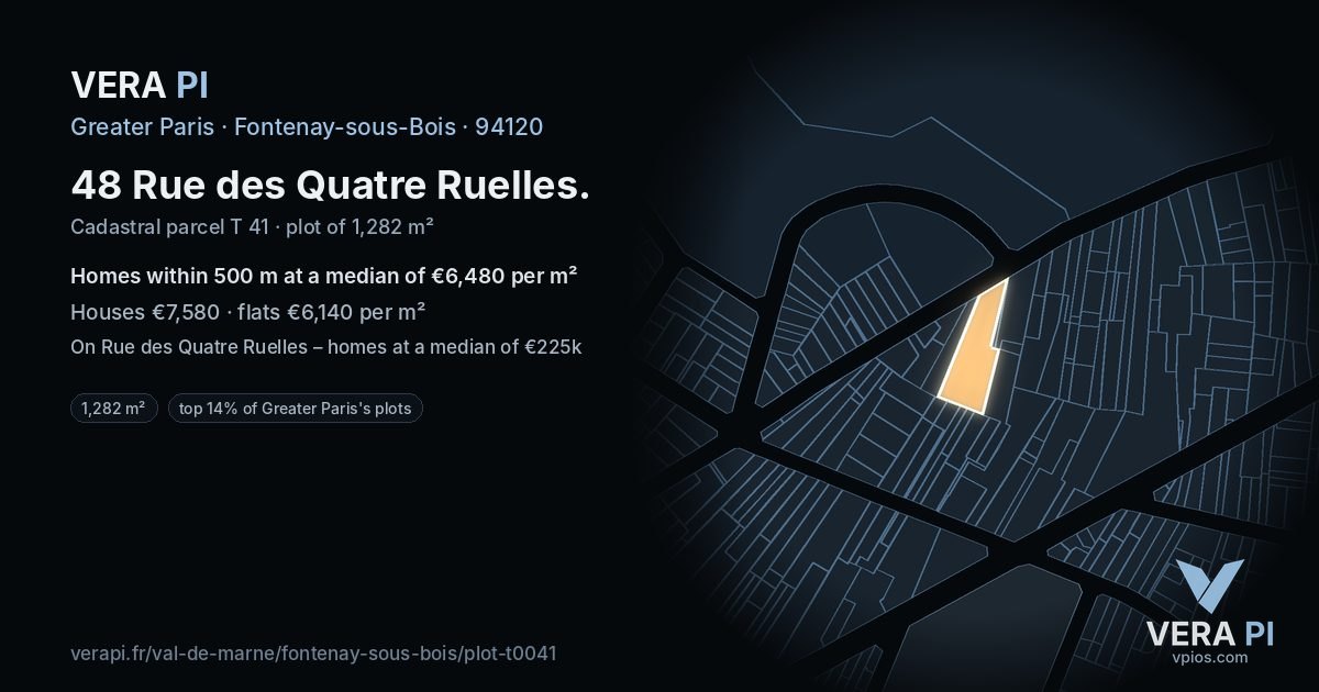 48 Rue des Quatre Ruelles, Fontenay-sous-Bois at night – the plot lit, the parcels around coloured by the prices near them