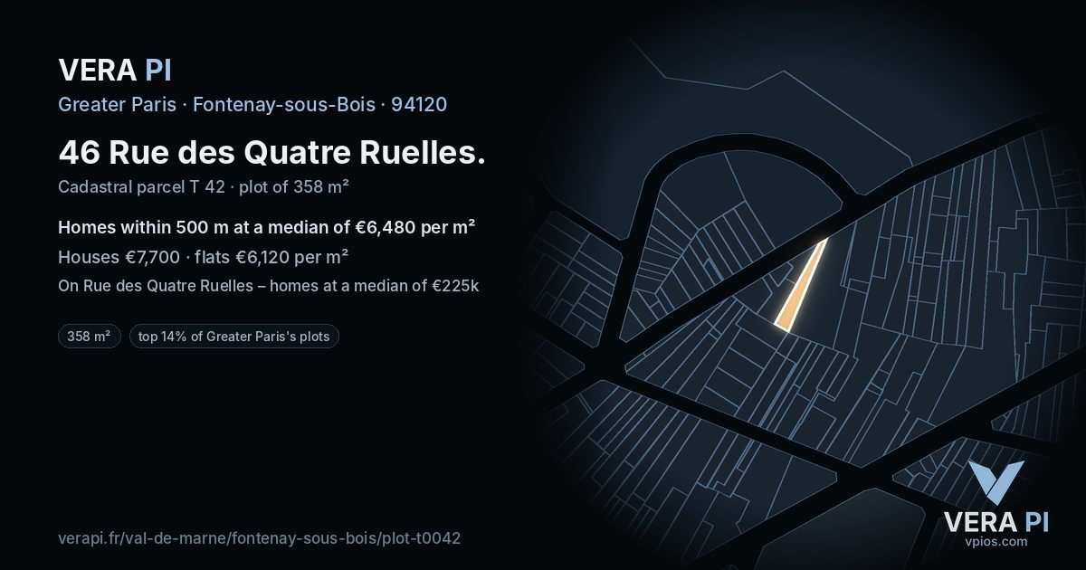 46 Rue des Quatre Ruelles, Fontenay-sous-Bois at night – the plot lit, the parcels around coloured by the prices near them