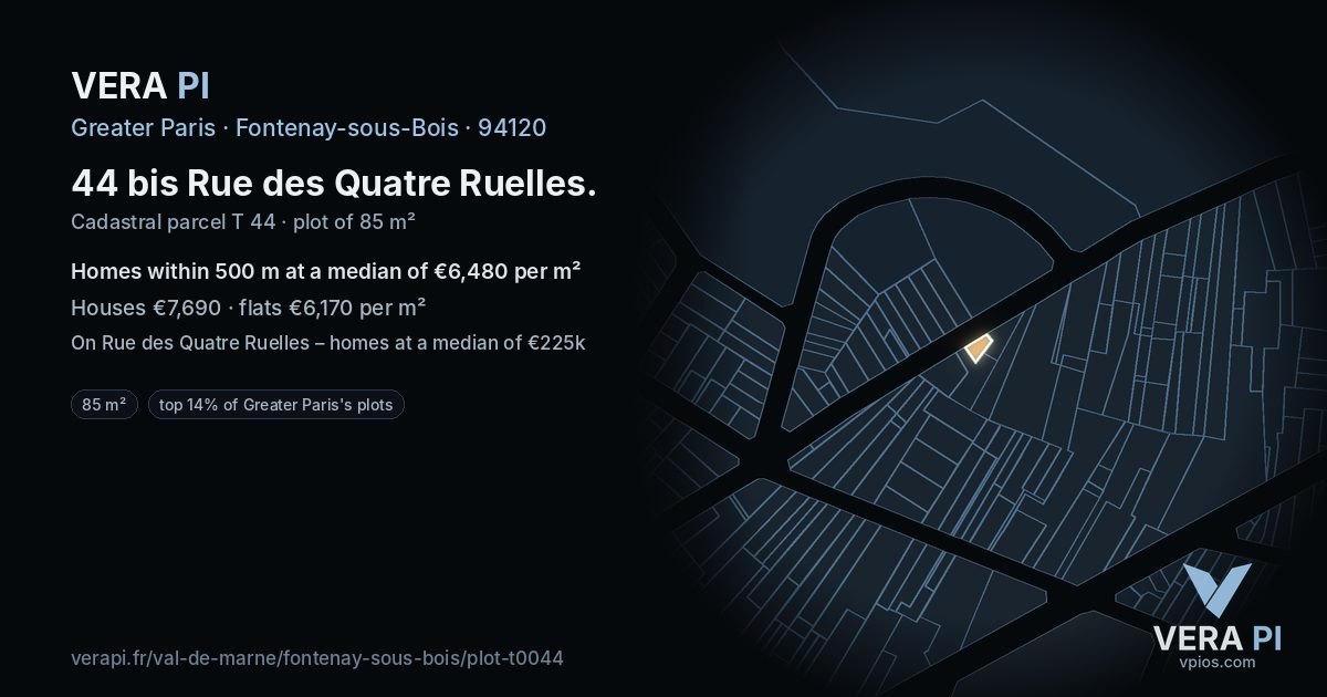 44 bis Rue des Quatre Ruelles, Fontenay-sous-Bois at night – the plot lit, the parcels around coloured by the prices near them