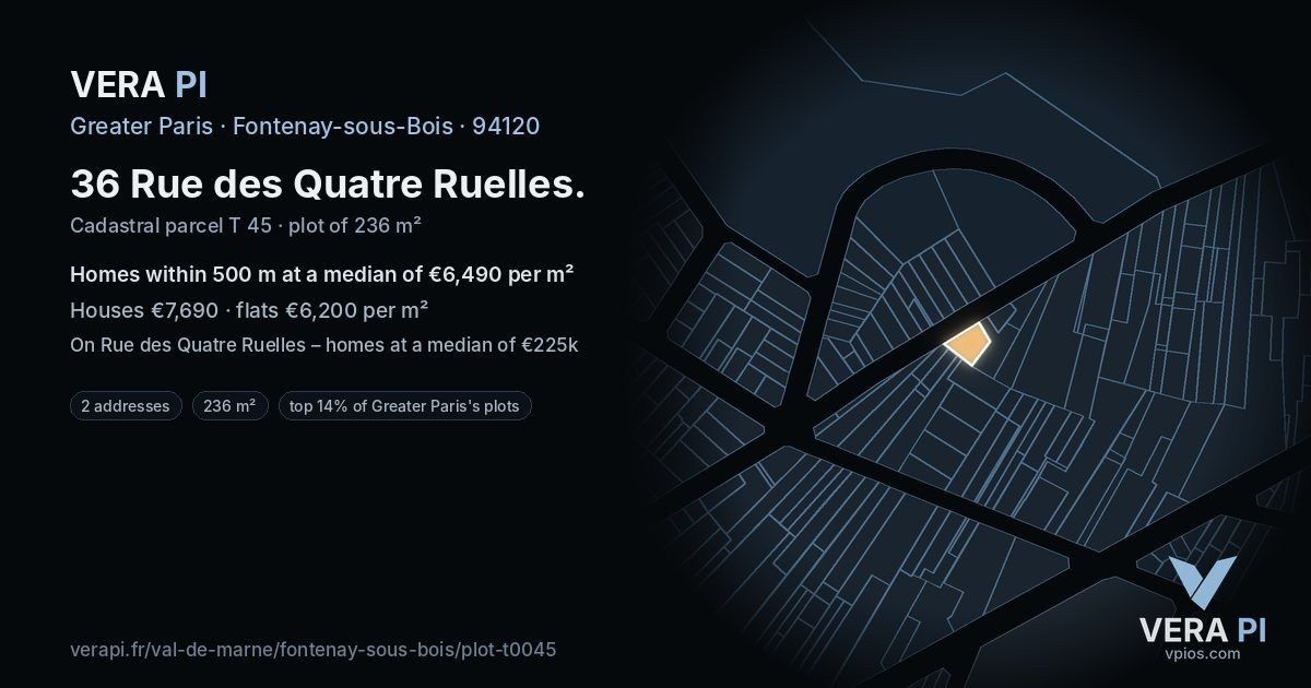 36 Rue des Quatre Ruelles, Fontenay-sous-Bois at night – the plot lit, the parcels around coloured by the prices near them