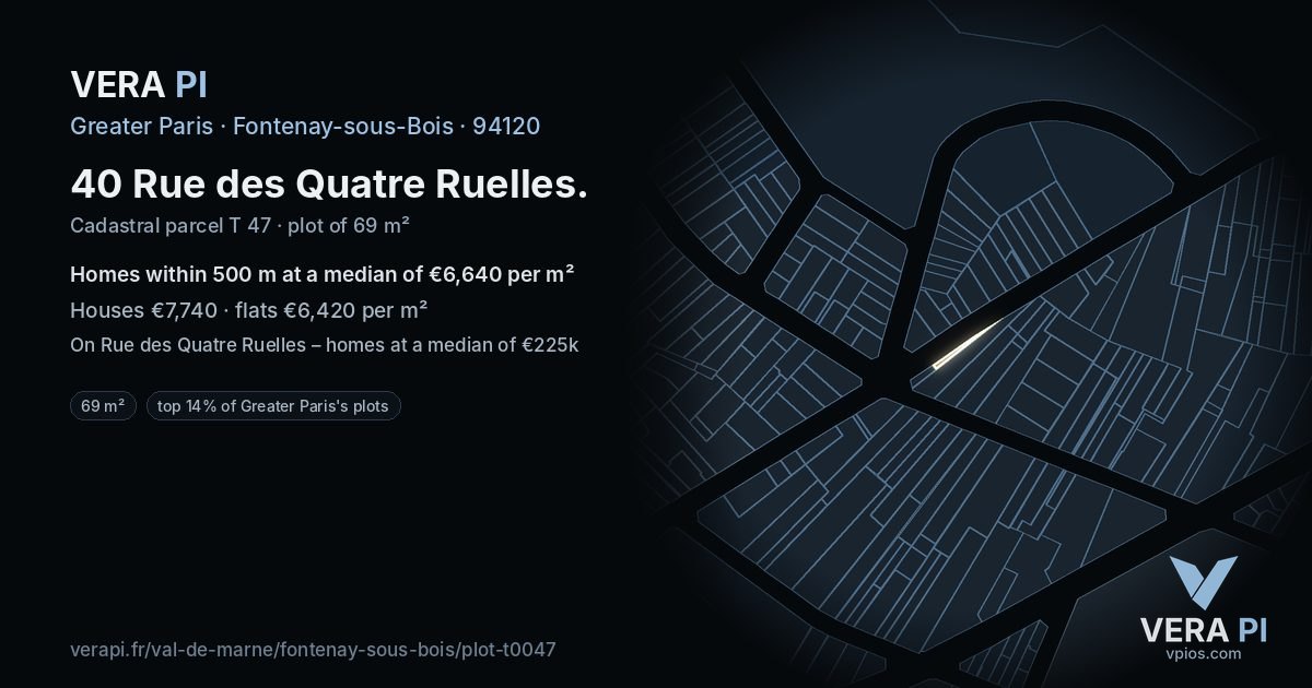 40 Rue des Quatre Ruelles, Fontenay-sous-Bois at night – the plot lit, the parcels around coloured by the prices near them