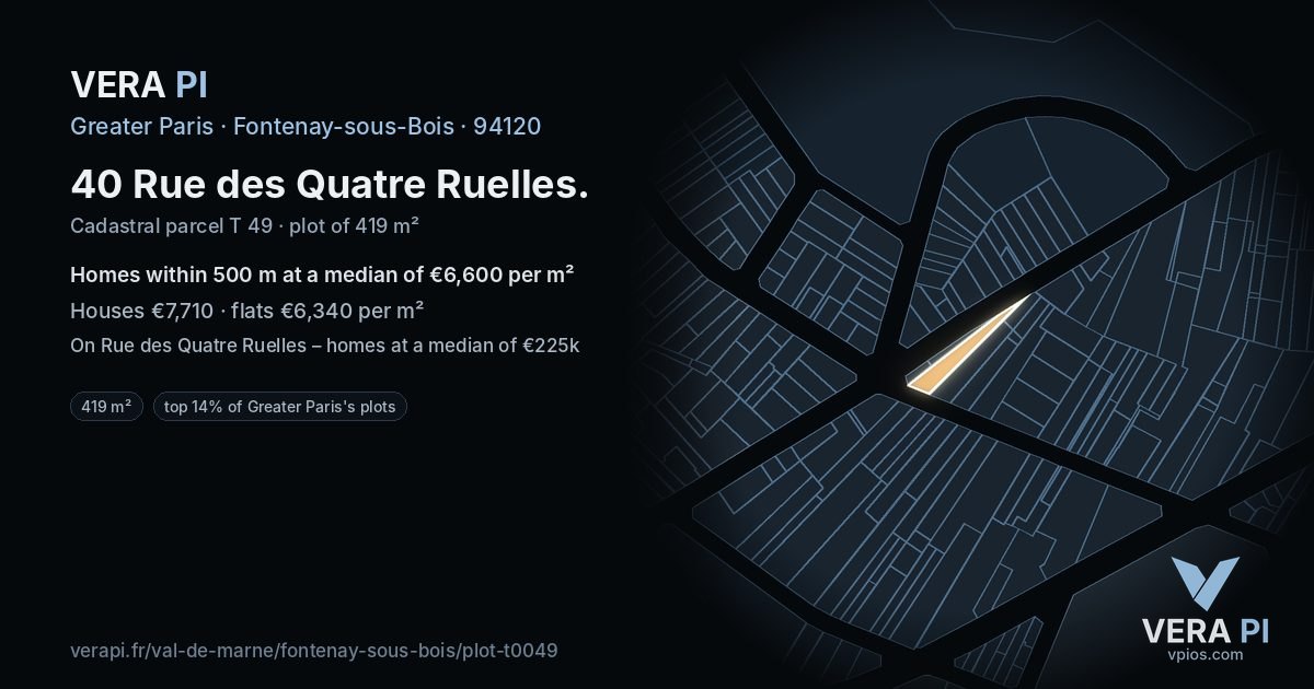 40 Rue des Quatre Ruelles, Fontenay-sous-Bois at night – the plot lit, the parcels around coloured by the prices near them