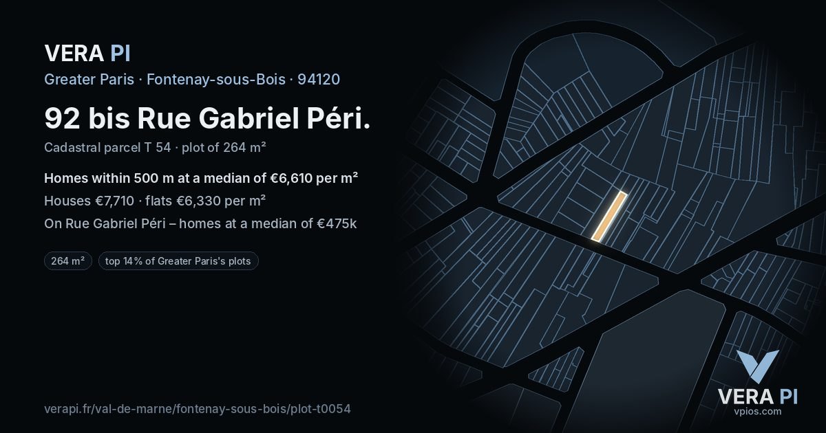 92 bis Rue Gabriel Péri, Fontenay-sous-Bois at night – the plot lit, the parcels around coloured by the prices near them