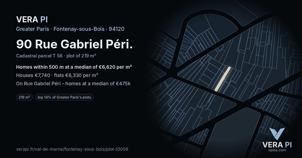 90 Rue Gabriel Péri, Fontenay-sous-Bois at night – the plot lit, the parcels around coloured by the prices near them