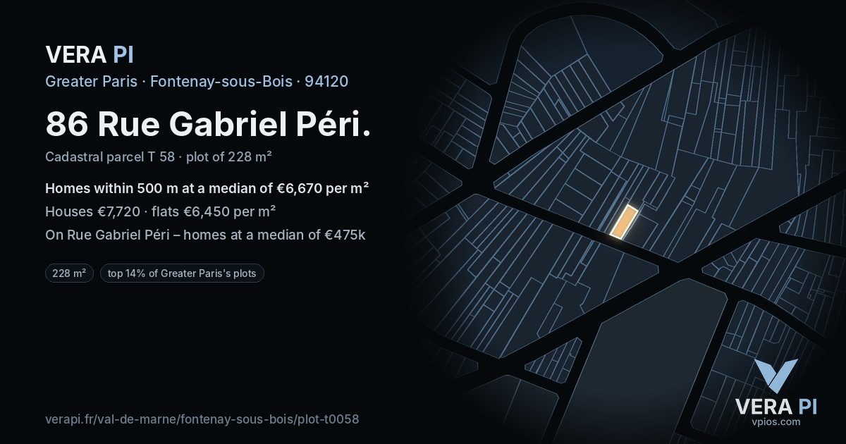 86 Rue Gabriel Péri, Fontenay-sous-Bois at night – the plot lit, the parcels around coloured by the prices near them