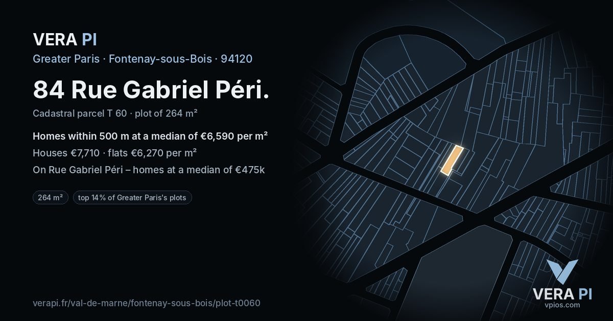 84 Rue Gabriel Péri, Fontenay-sous-Bois at night – the plot lit, the parcels around coloured by the prices near them