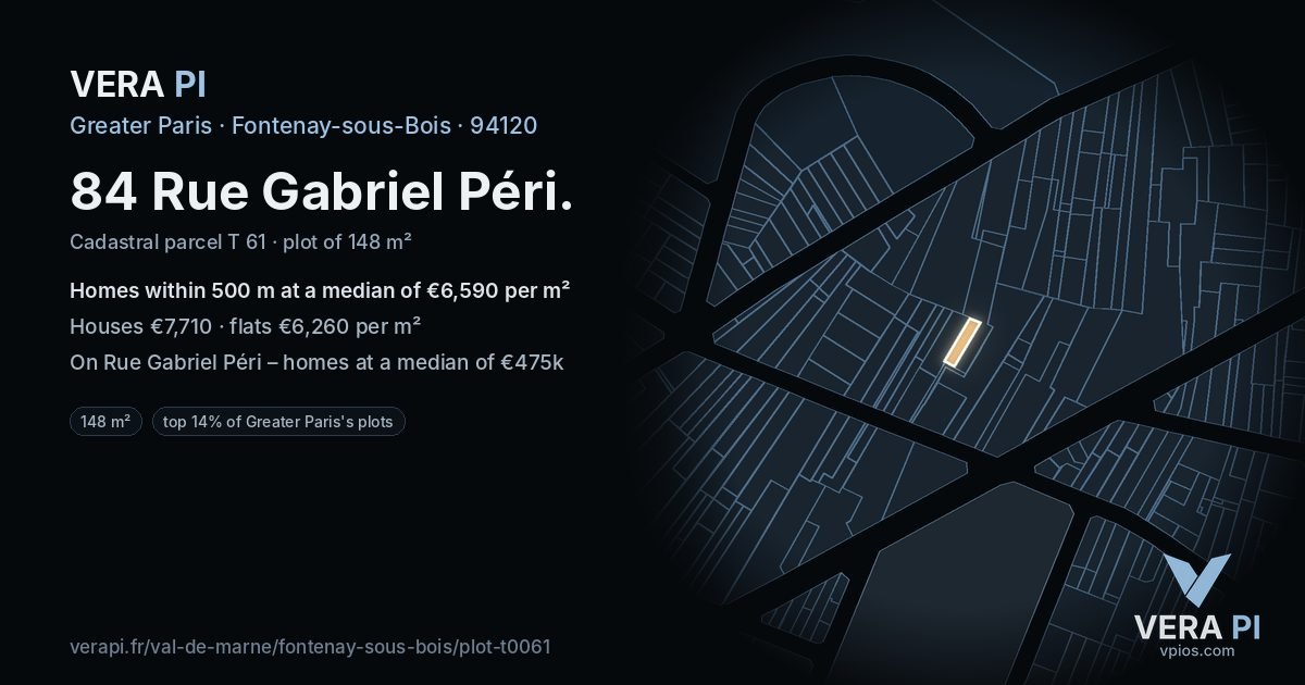 84 Rue Gabriel Péri, Fontenay-sous-Bois at night – the plot lit, the parcels around coloured by the prices near them