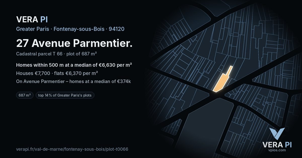 27 Avenue Parmentier, Fontenay-sous-Bois at night – the plot lit, the parcels around coloured by the prices near them