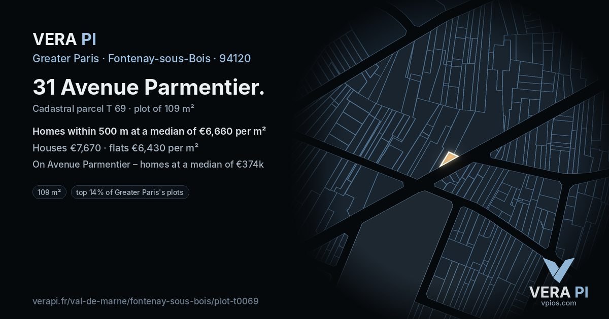 31 Avenue Parmentier, Fontenay-sous-Bois at night – the plot lit, the parcels around coloured by the prices near them