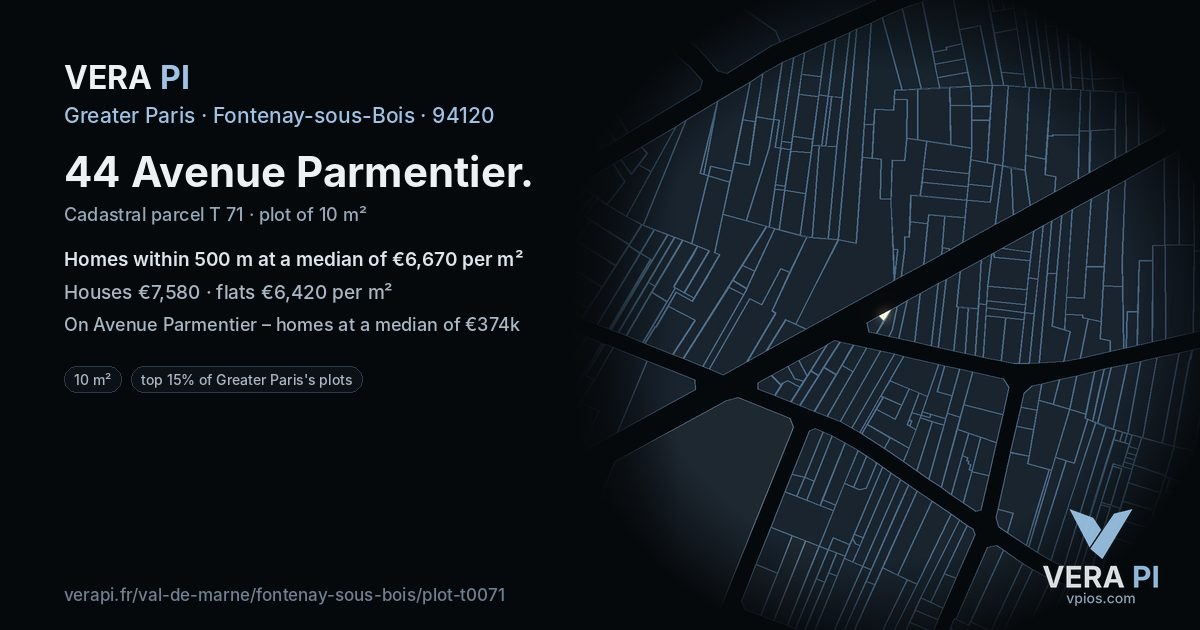 44 Avenue Parmentier, Fontenay-sous-Bois at night – the plot lit, the parcels around coloured by the prices near them