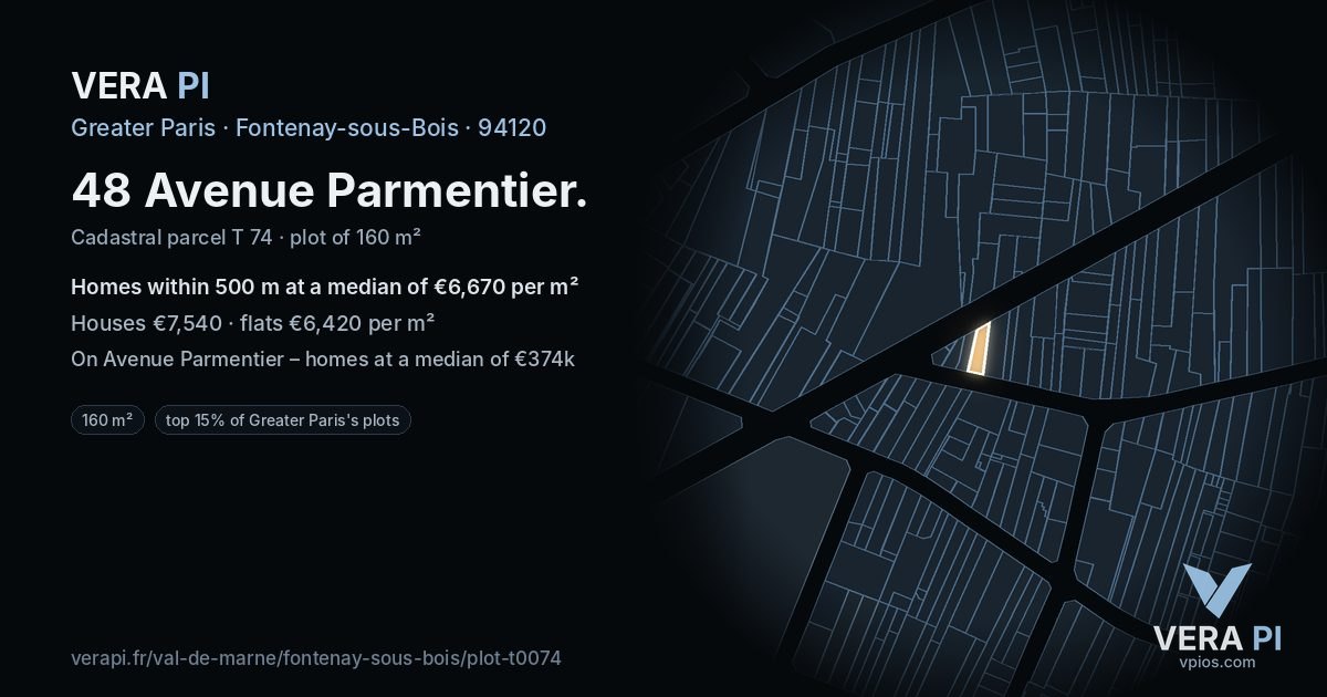 48 Avenue Parmentier, Fontenay-sous-Bois at night – the plot lit, the parcels around coloured by the prices near them