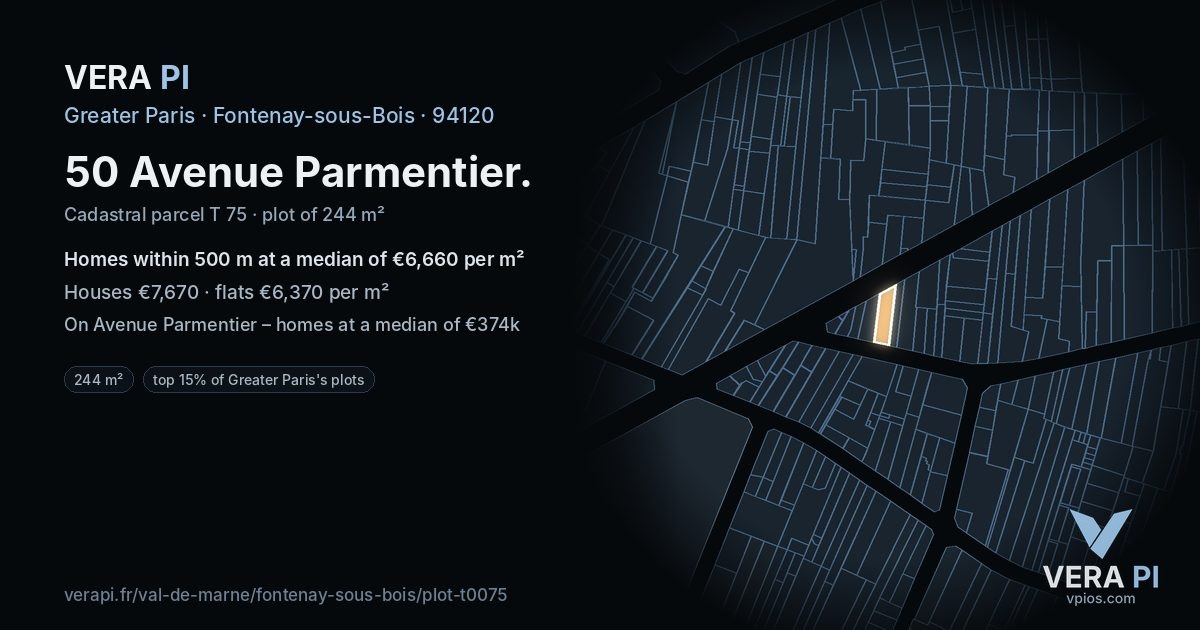50 Avenue Parmentier, Fontenay-sous-Bois at night – the plot lit, the parcels around coloured by the prices near them