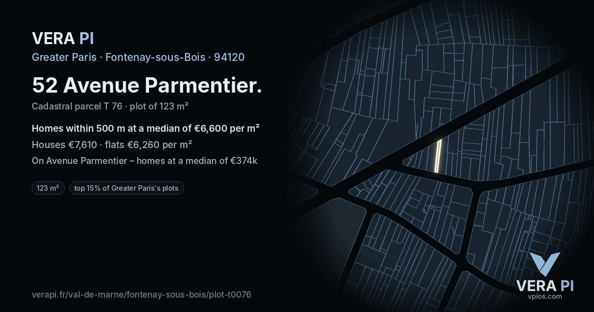 52 Avenue Parmentier, Fontenay-sous-Bois at night – the plot lit, the parcels around coloured by the prices near them