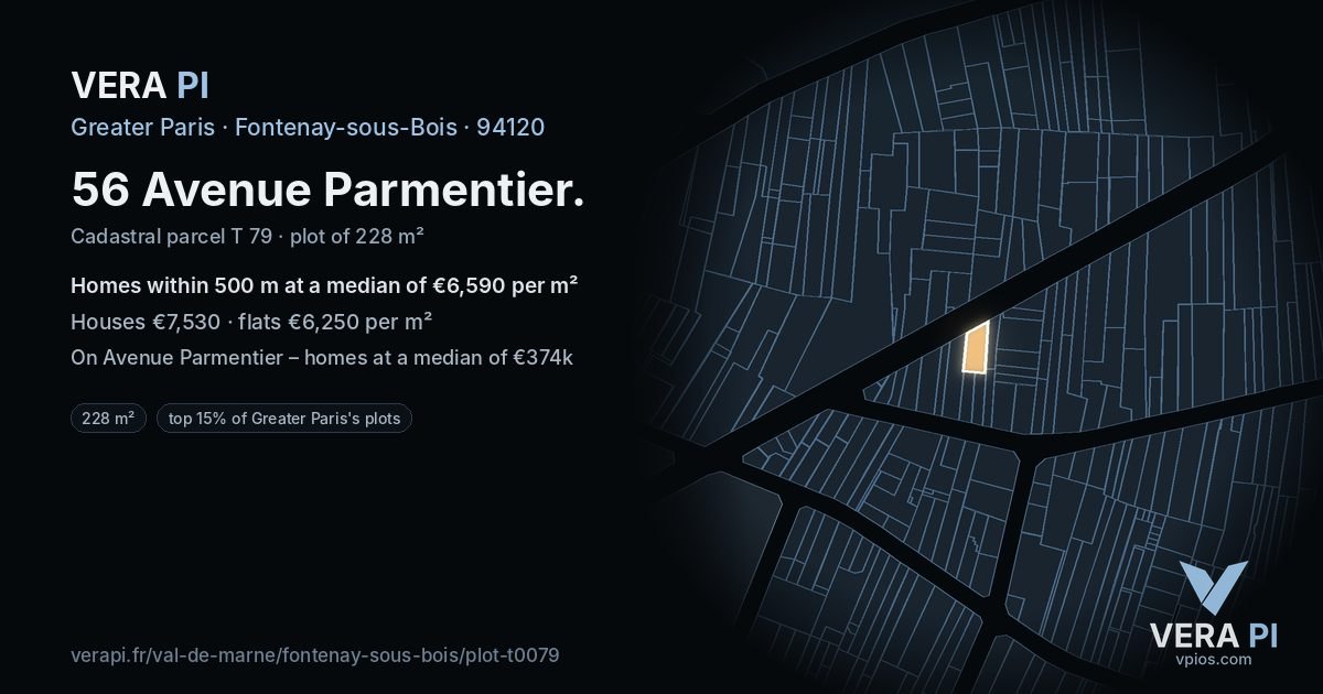 56 Avenue Parmentier, Fontenay-sous-Bois at night – the plot lit, the parcels around coloured by the prices near them