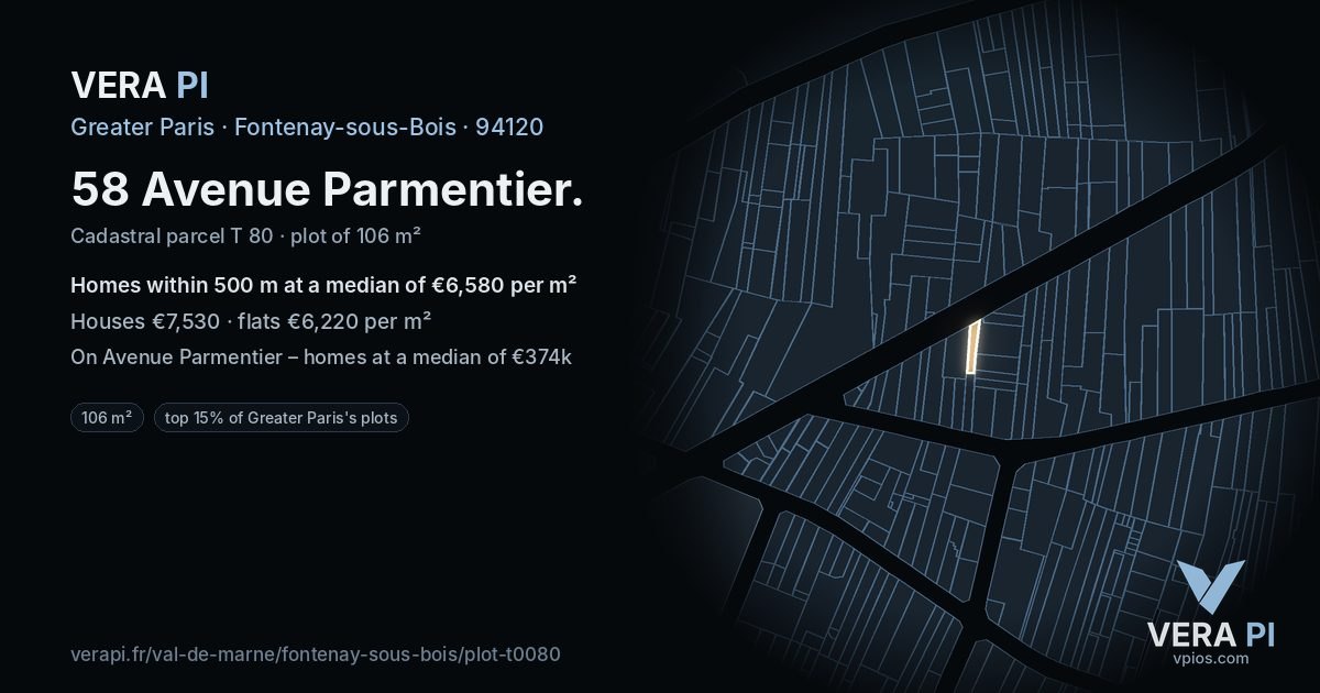 58 Avenue Parmentier, Fontenay-sous-Bois at night – the plot lit, the parcels around coloured by the prices near them