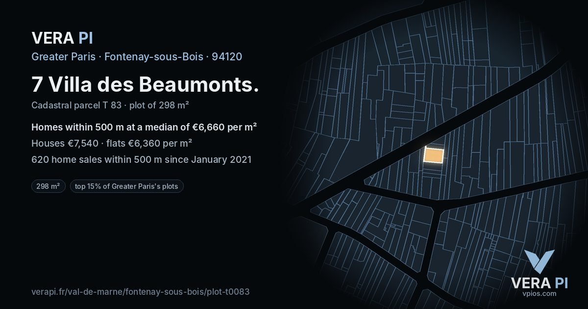 7 Villa des Beaumonts, Fontenay-sous-Bois at night – the plot lit, the parcels around coloured by the prices near them