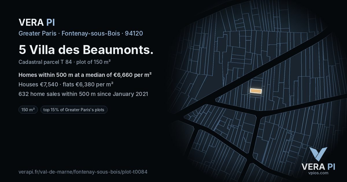 5 Villa des Beaumonts, Fontenay-sous-Bois at night – the plot lit, the parcels around coloured by the prices near them
