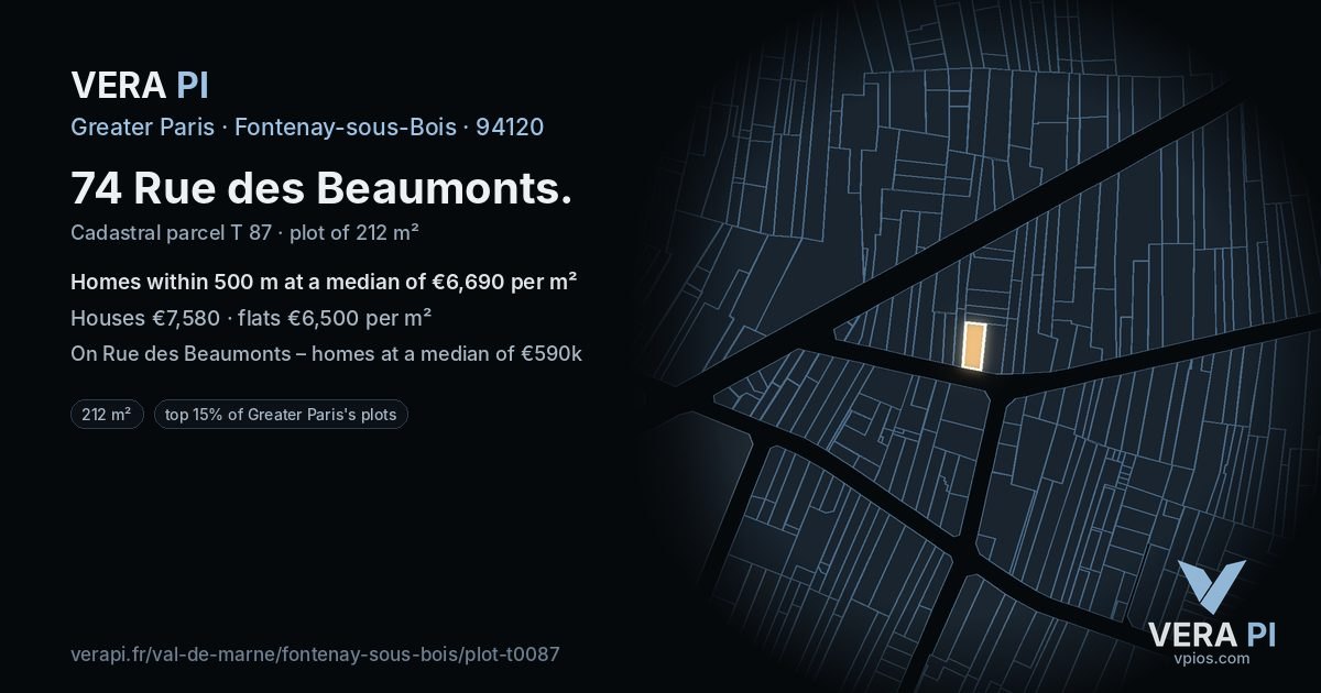 74 Rue des Beaumonts, Fontenay-sous-Bois at night – the plot lit, the parcels around coloured by the prices near them