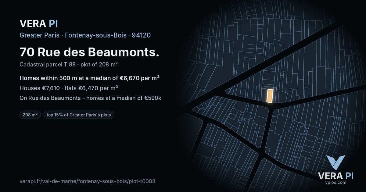 70 Rue des Beaumonts, Fontenay-sous-Bois at night – the plot lit, the parcels around coloured by the prices near them