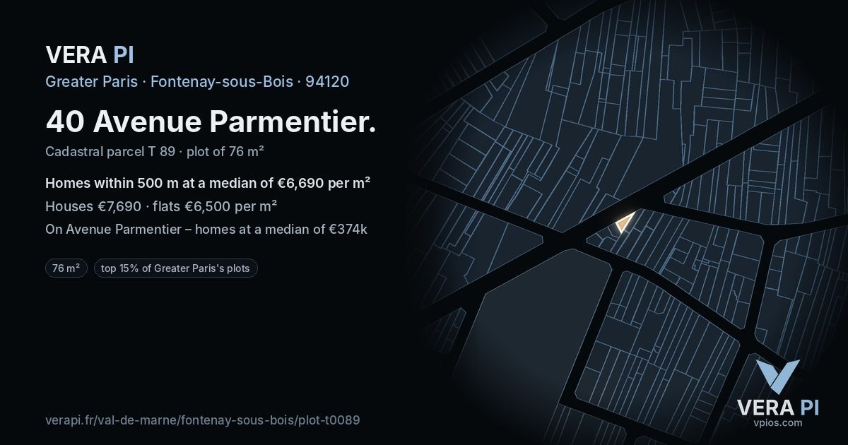 40 Avenue Parmentier, Fontenay-sous-Bois at night – the plot lit, the parcels around coloured by the prices near them