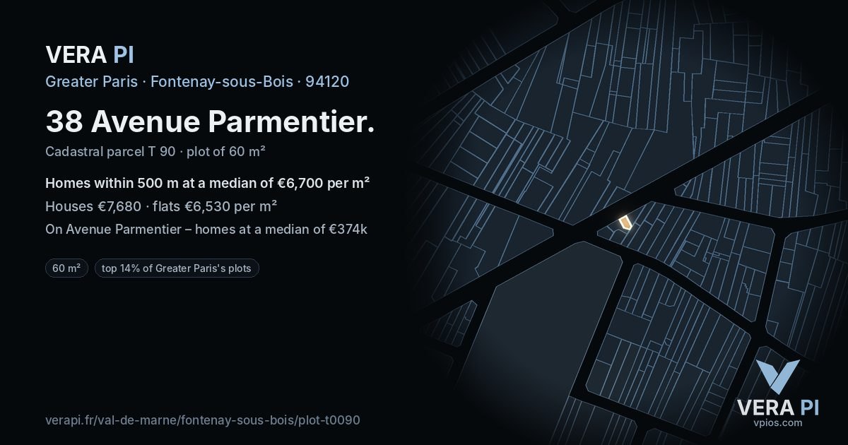 38 Avenue Parmentier, Fontenay-sous-Bois at night – the plot lit, the parcels around coloured by the prices near them